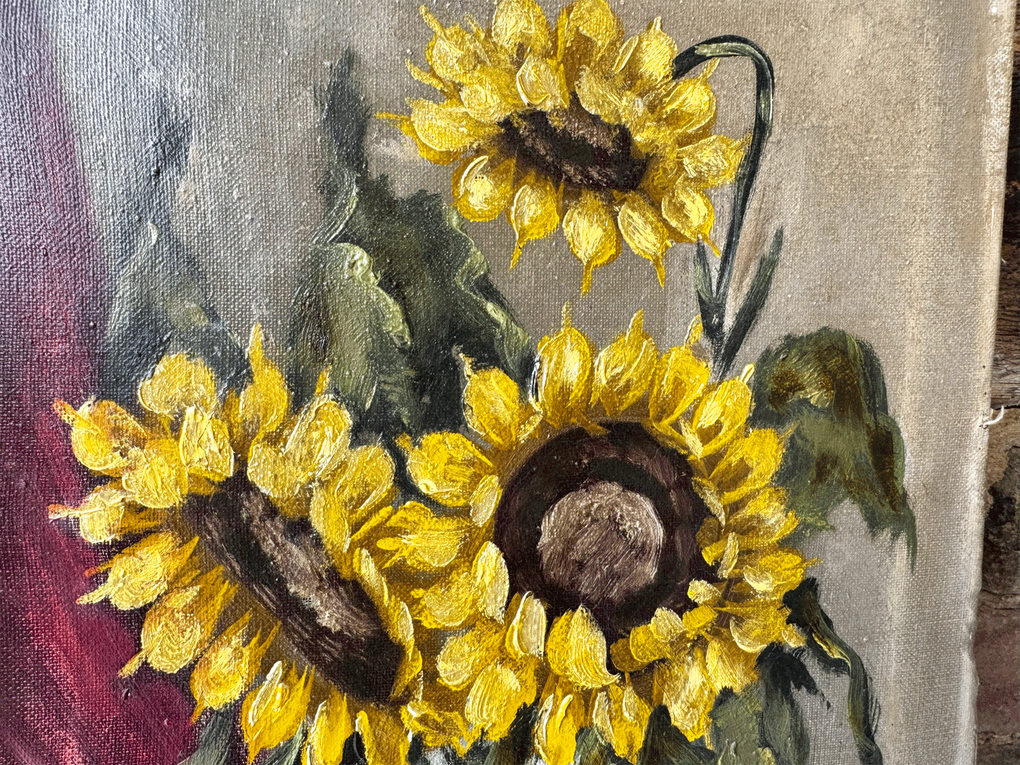 antique french signed still life floral oil canvas sunflowers vase