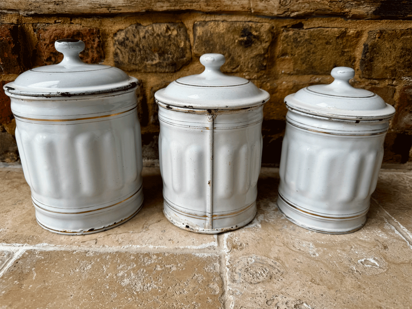antique french complete set six white gold enamel kitchen storage jars canisters