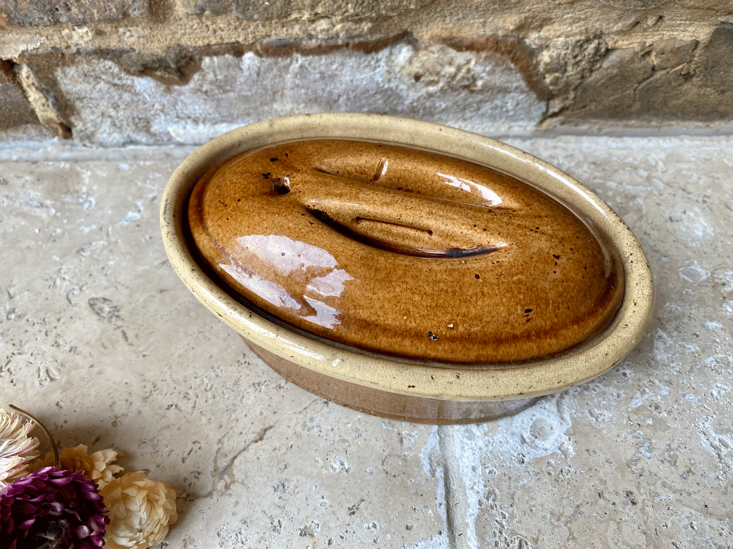 small antique french earthenware stoneware lidded terrine dish