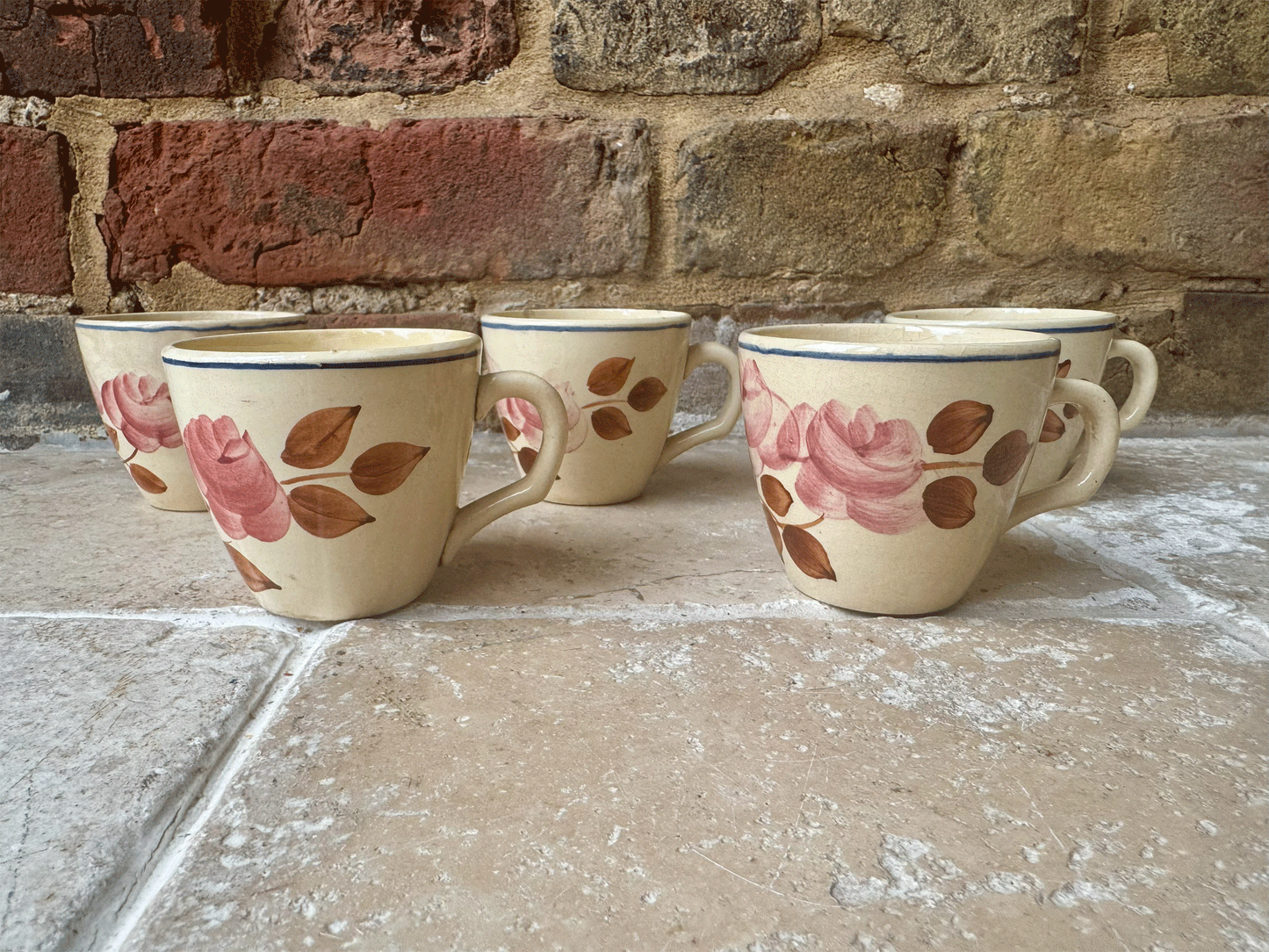 antique french aged timeworn buttery spongeware pink sepia floral espresso coffee cup