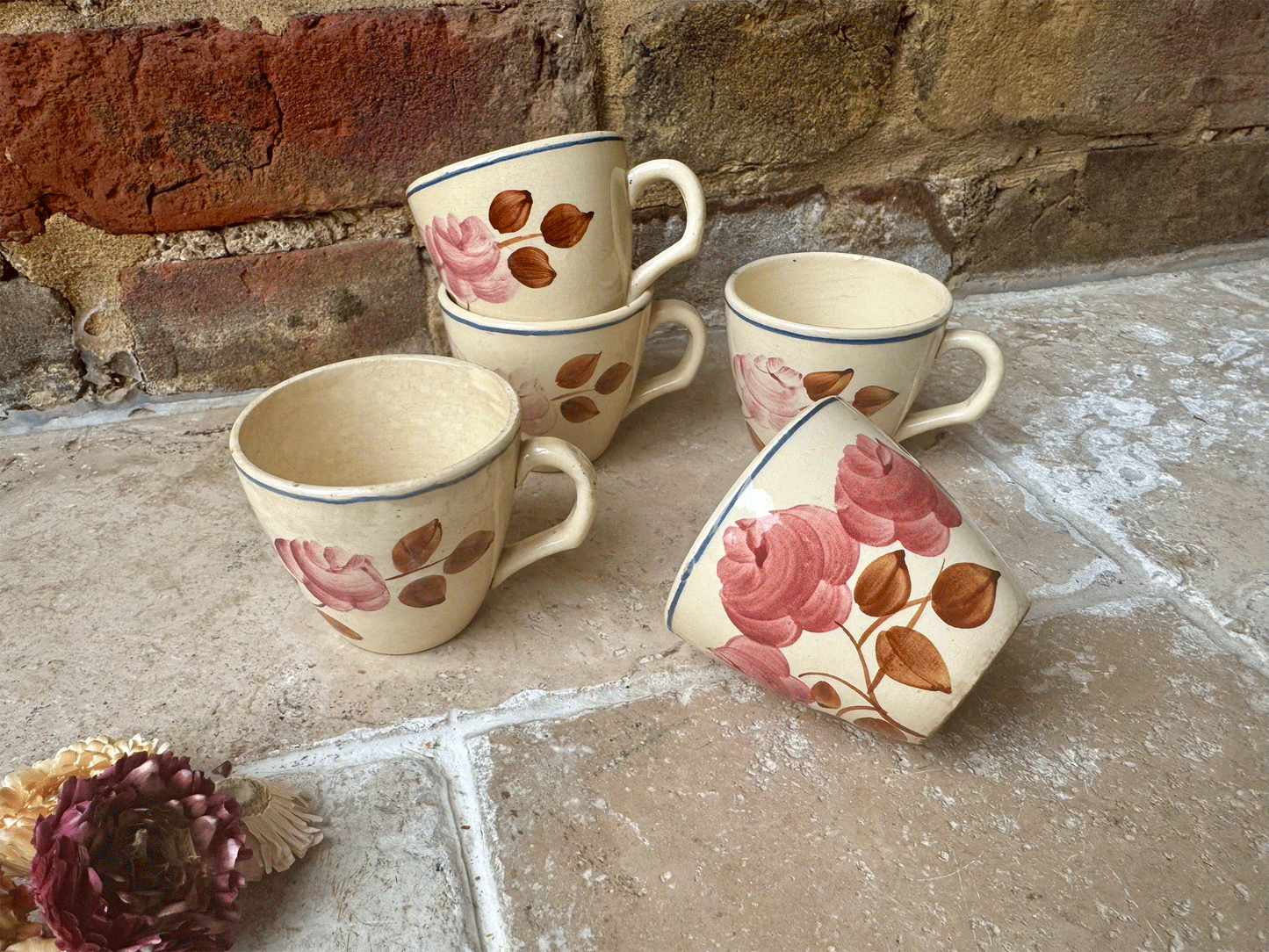 antique french aged timeworn buttery spongeware pink sepia floral espresso coffee cup
