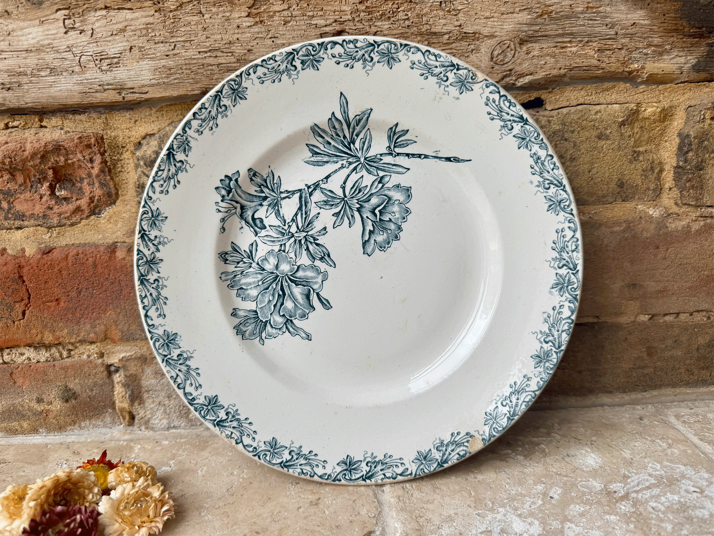 antique french st amand terre de fer ironstone plate florals dark teal