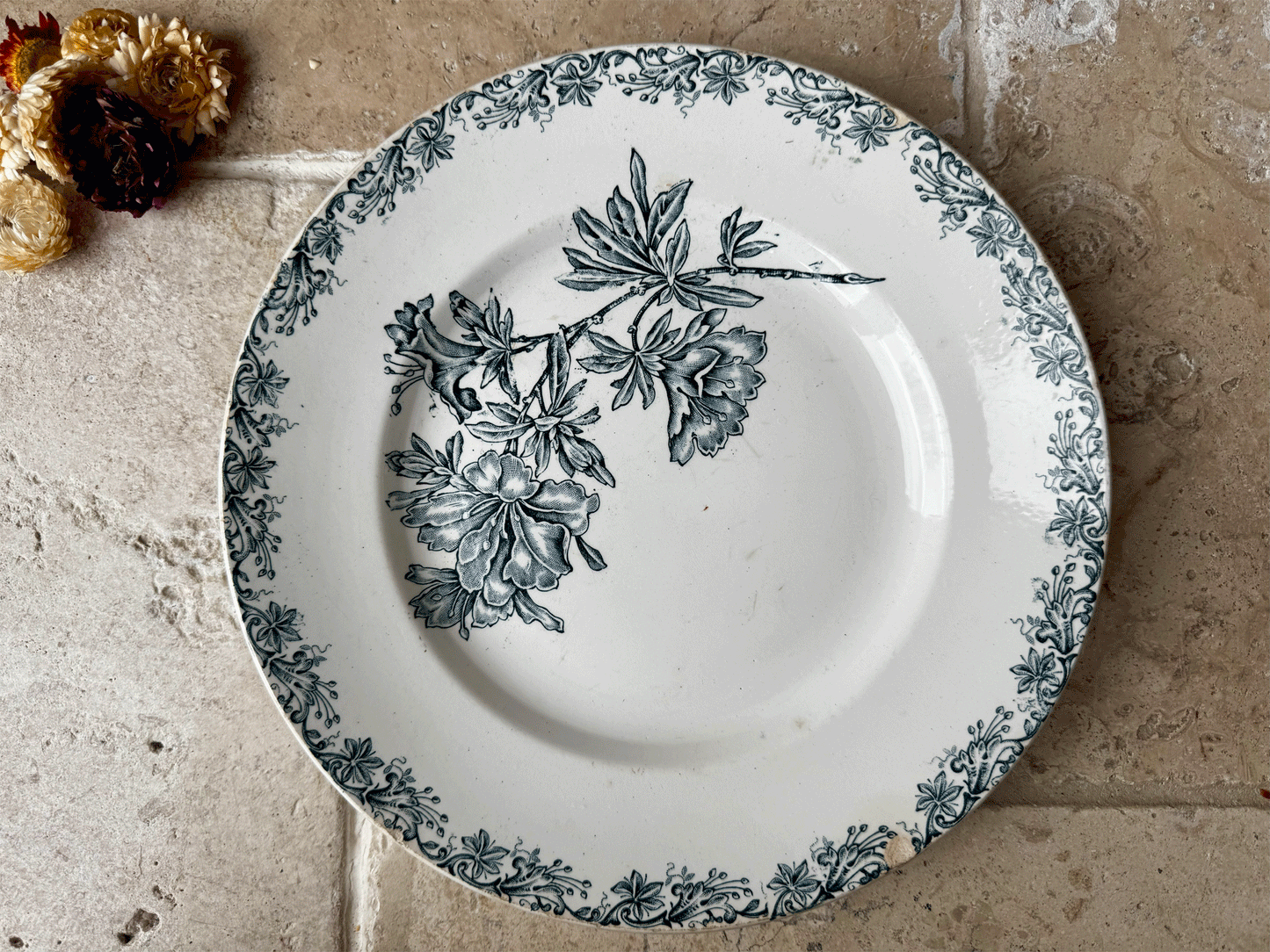 antique french st amand terre de fer ironstone plate florals dark teal