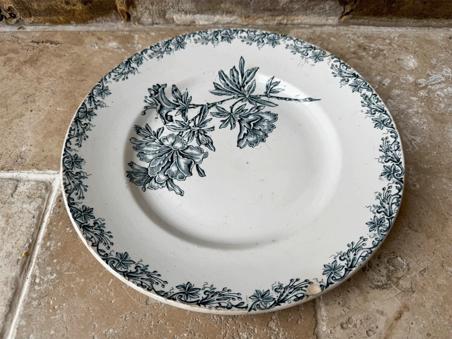 antique french st amand terre de fer ironstone plate florals dark teal