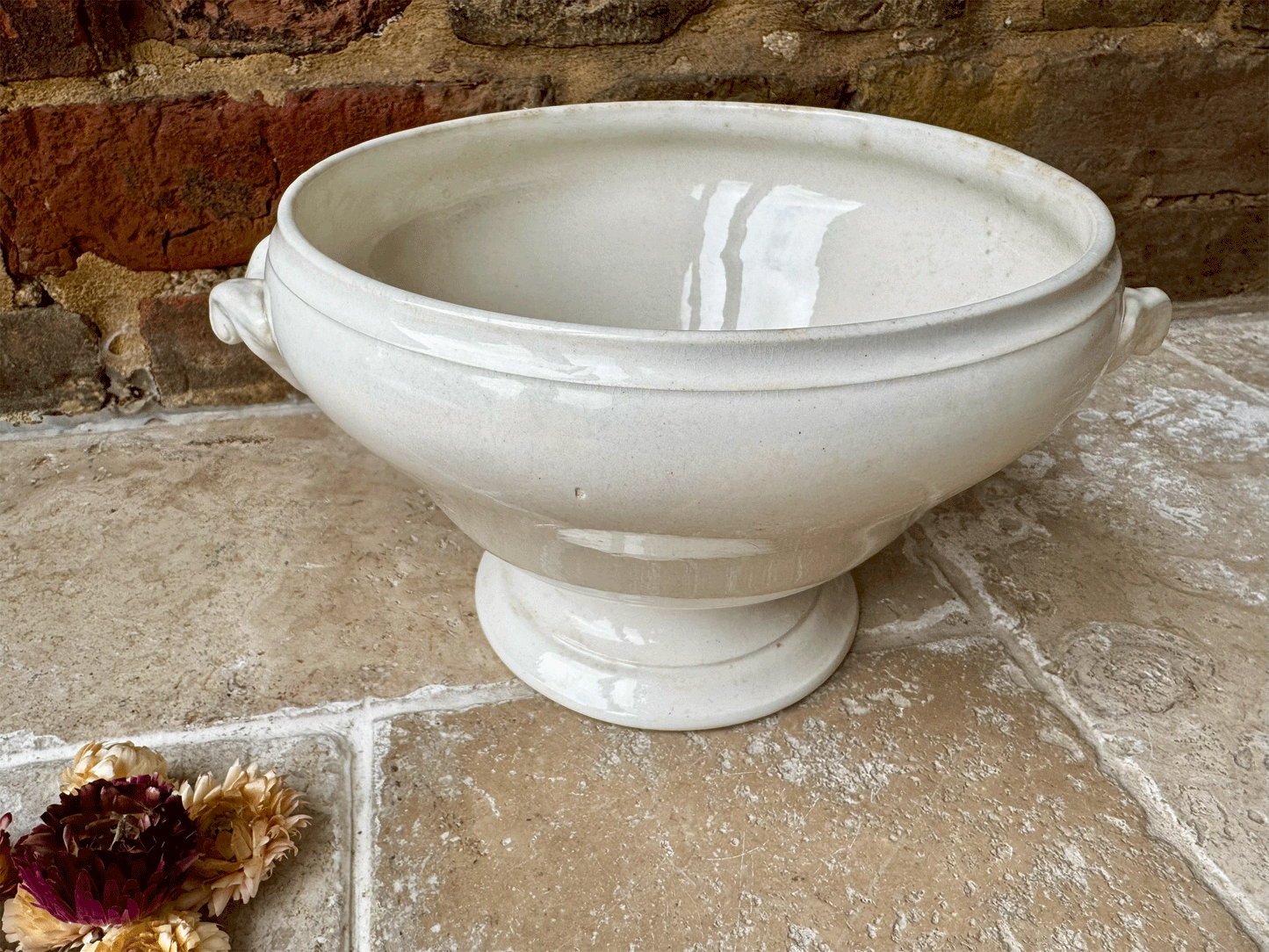 antique french white ironstone buttery timeworn soupiere tureen bowl