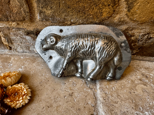 antique french two part piece tin steel chocolate mould easter lamb sheep