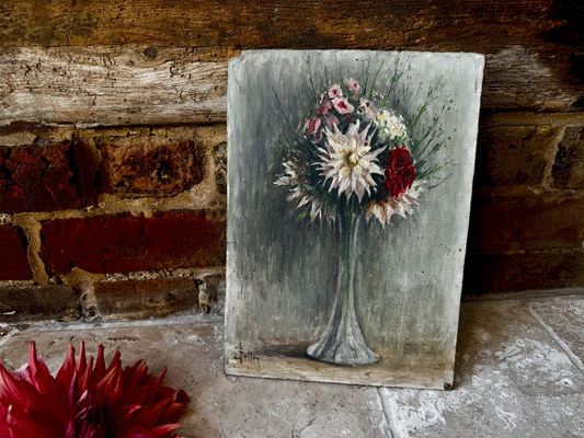 antique french signed oil painting still life flowers florals dahlias