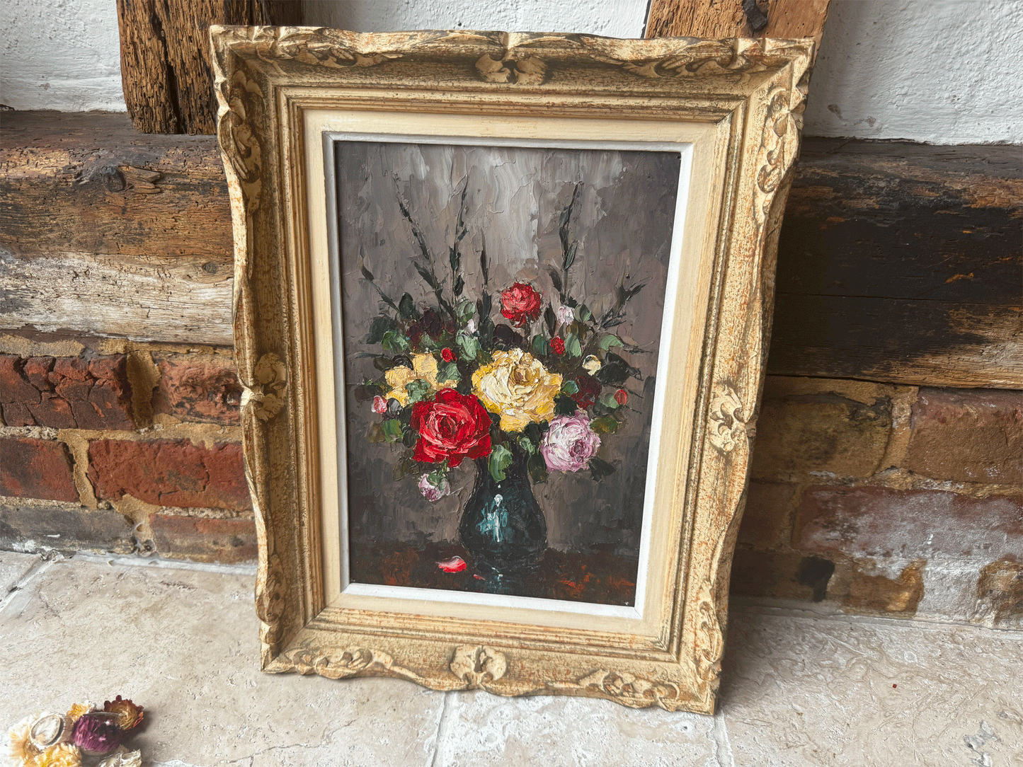 antique framed floral roses oil canvas painting signed well known artist c r puget claude roger