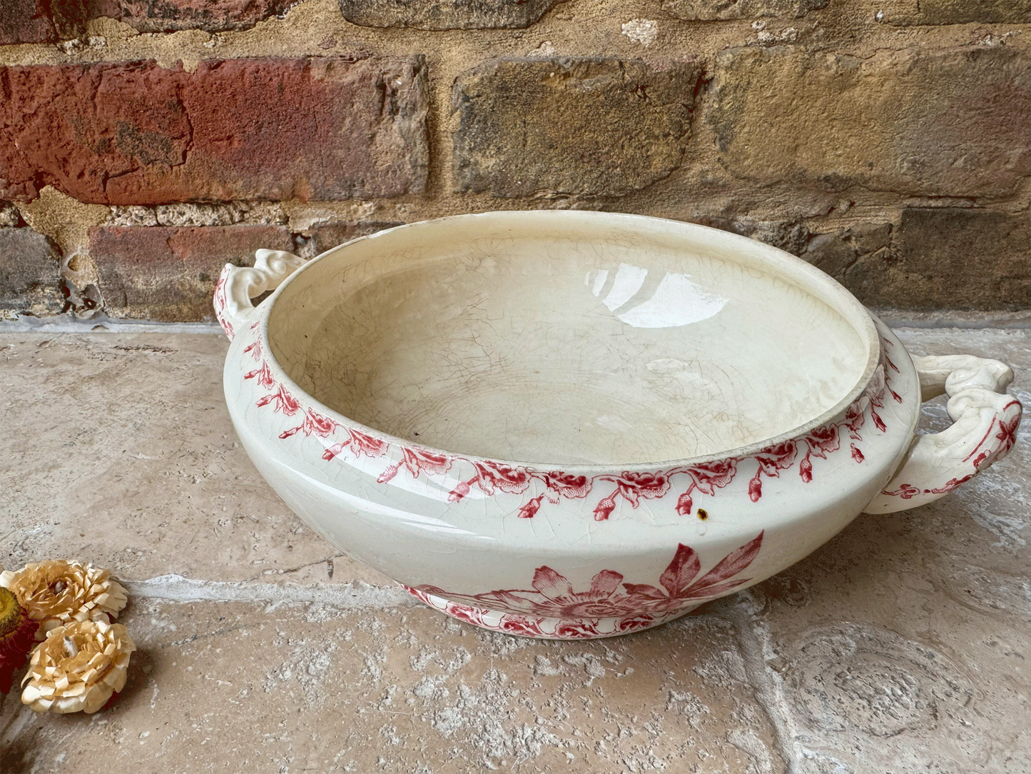 antique gien terre de fer ironstone passiflore pink transferware soupiere soup tureen bowl