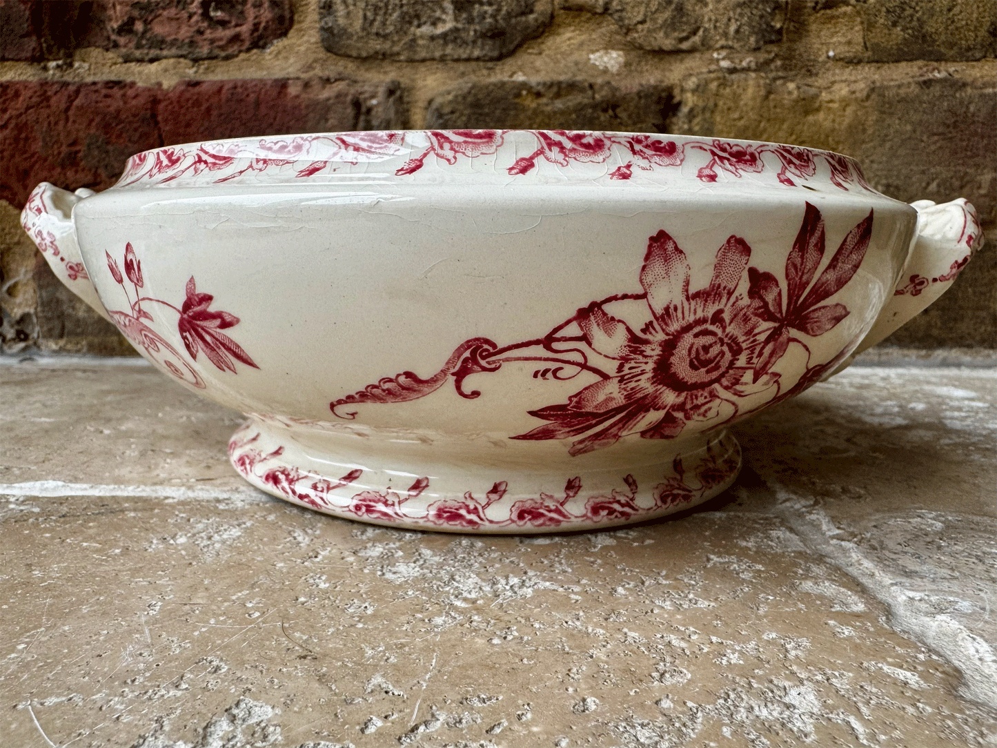antique gien terre de fer ironstone passiflore pink transferware soupiere soup tureen bowl