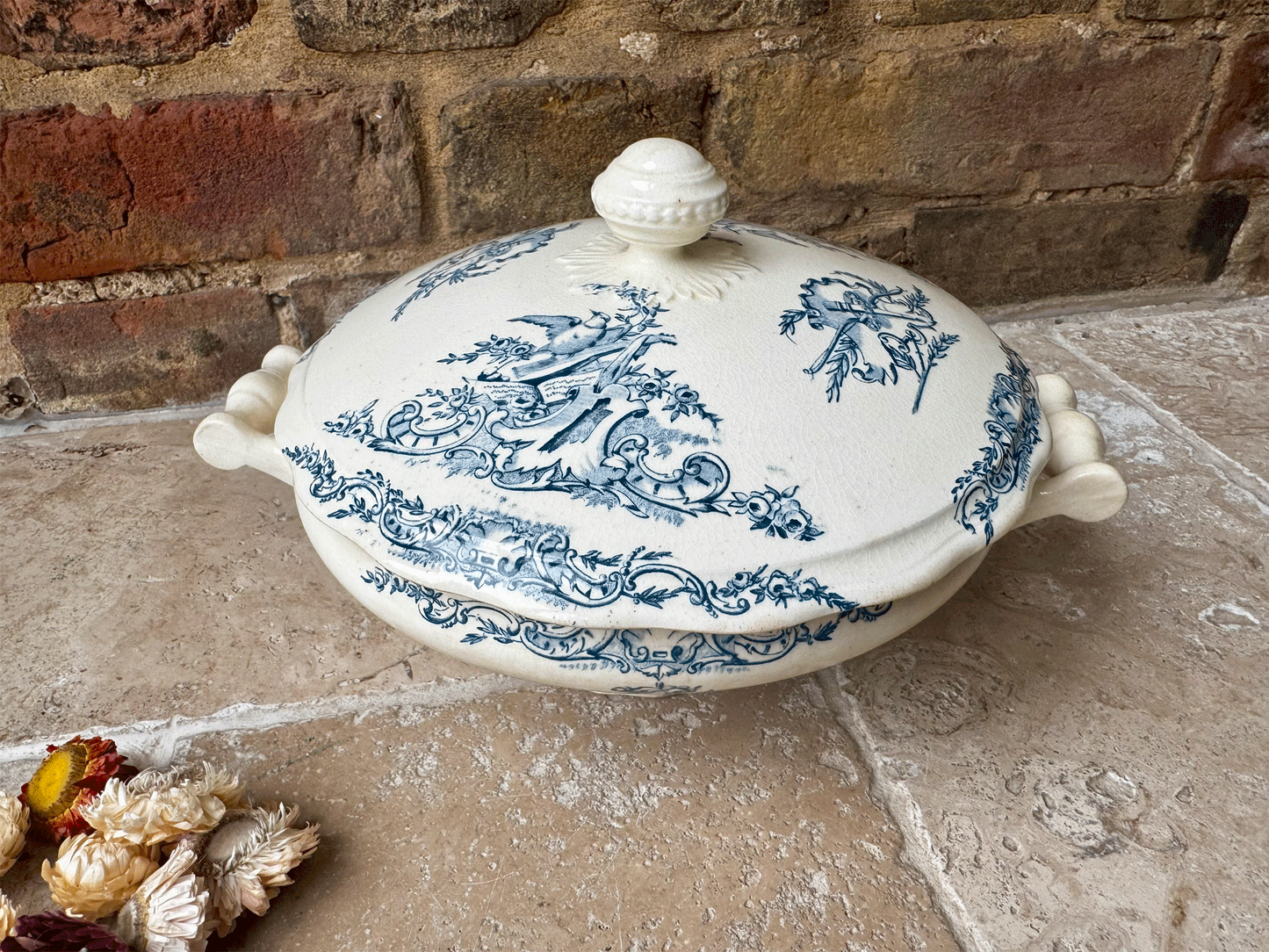 antique french buttery teal blue transferware soupiere songbirds music sheets florals pattern