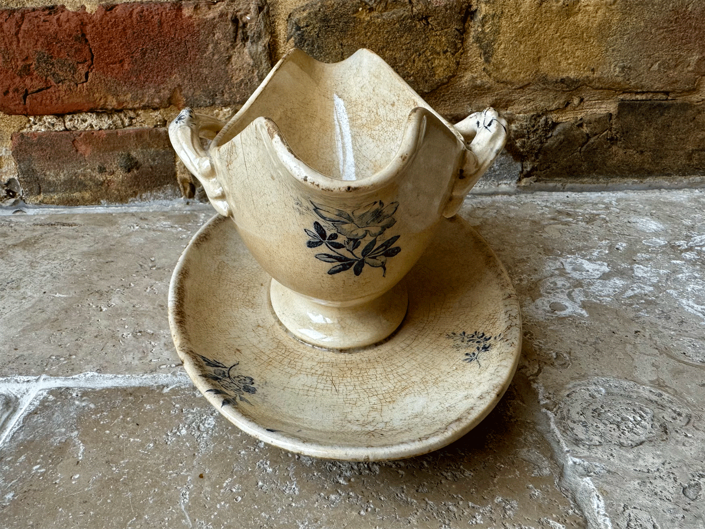 antique french white blue ironstone transferware sauce dish gravy boat saucier
