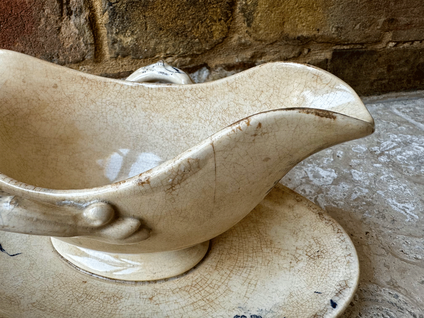 antique french white blue ironstone transferware sauce dish gravy boat saucier