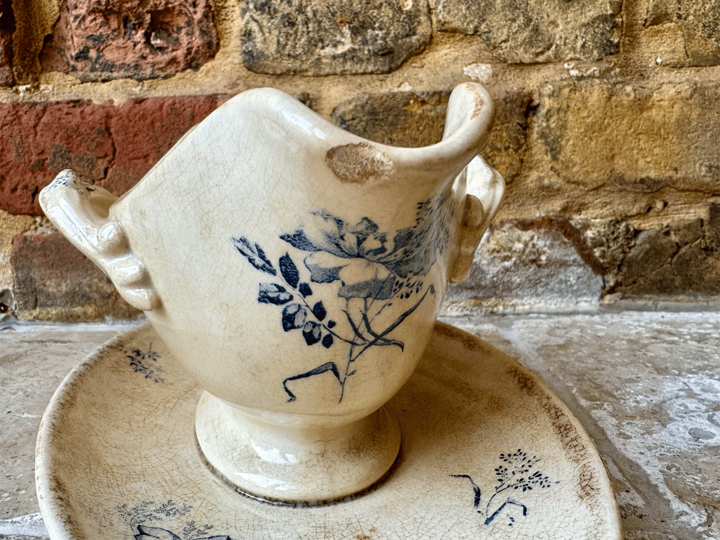 antique french white blue ironstone transferware sauce dish gravy boat saucier