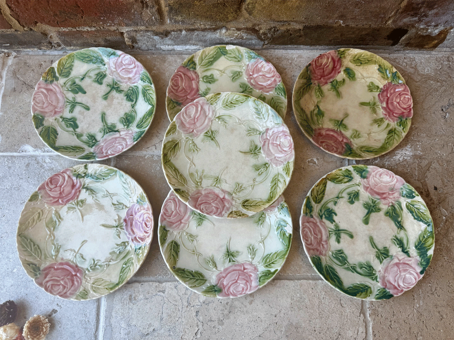antique french majolica side plate pink roese rosettes
