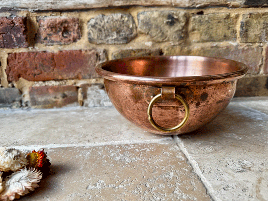 antique french copper egg whisking mixing bowl brass handle