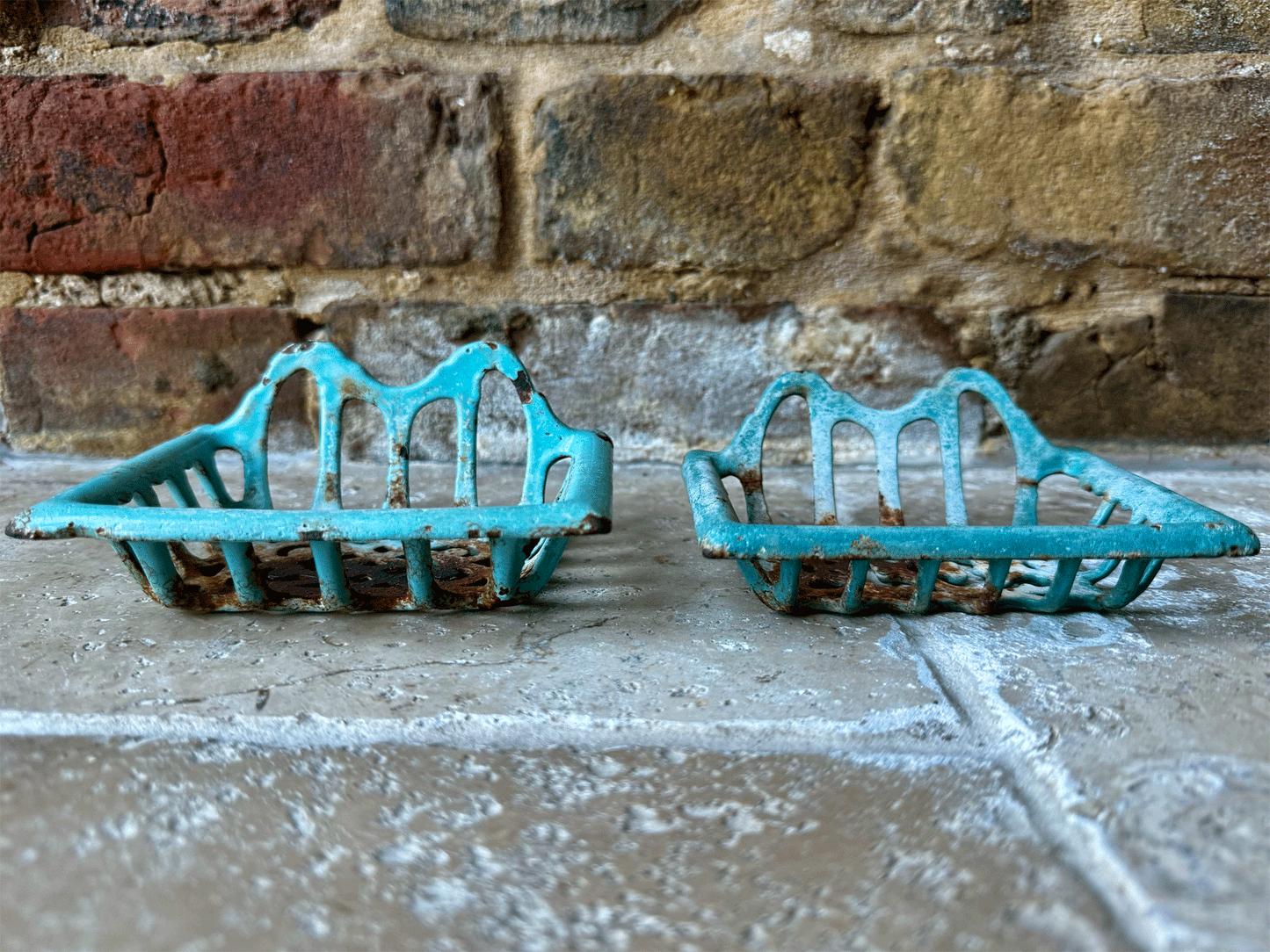 antique french chippy turquoise enamel cast iron soap dish