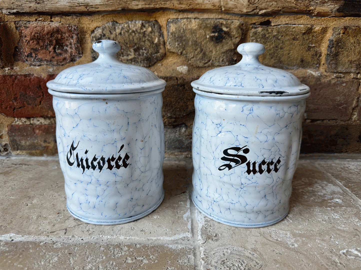 antique french enamel white blue canisters kitchen storage jars sucre chicoree