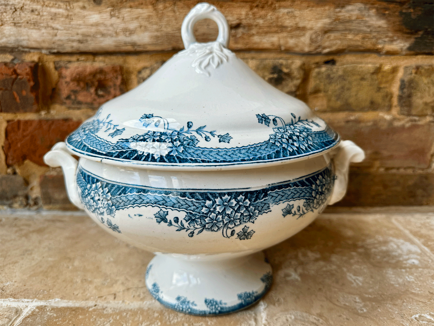 antique french white ironstone blue transferware large soup tureen soupiere
