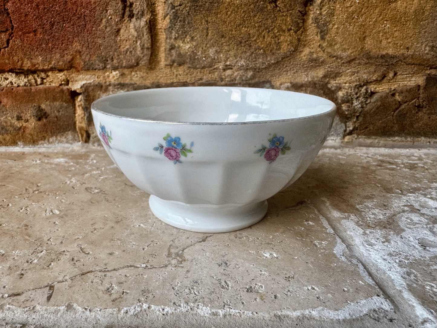 antique french white ironstone ribbed cafe au lait bowl floral pattern
