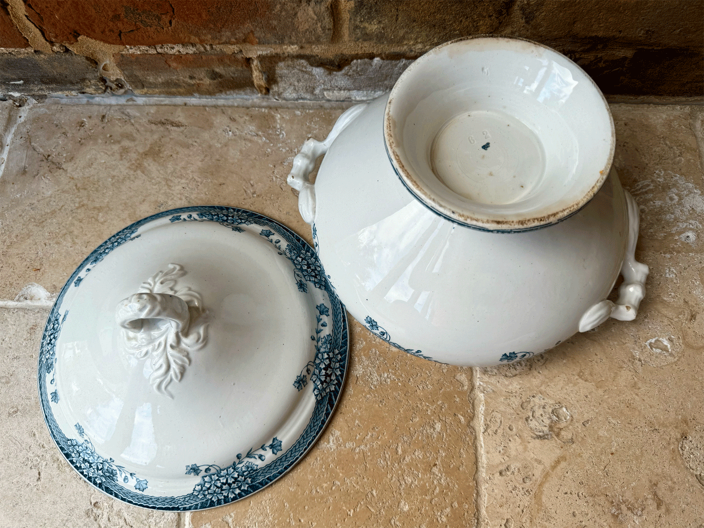 antique french white ironstone blue transferware large soup tureen soupiere
