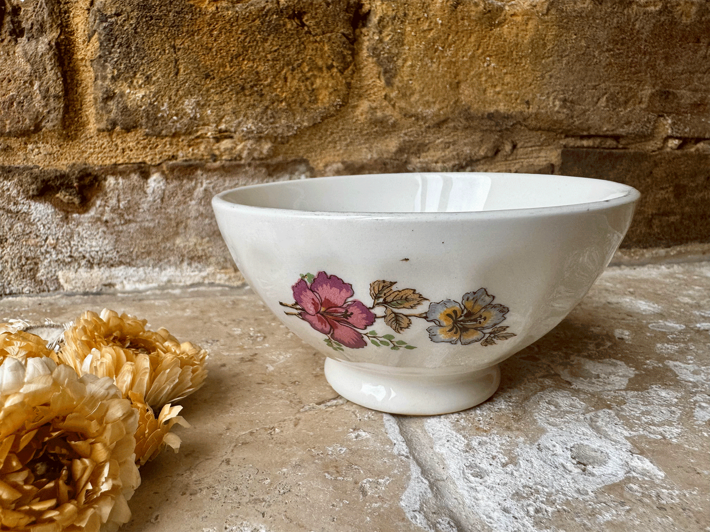 antique french white ironstone small ribbed cafe au lait bowl floral pattern