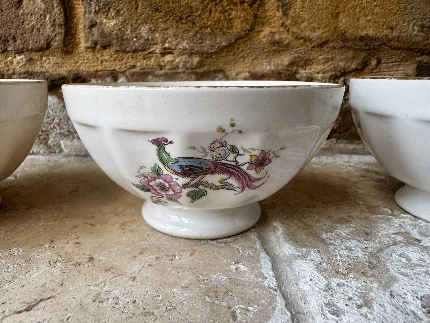 antique french limcolor porcelaine ribbed cafe au lait chocolat chaud bowl peacock floral