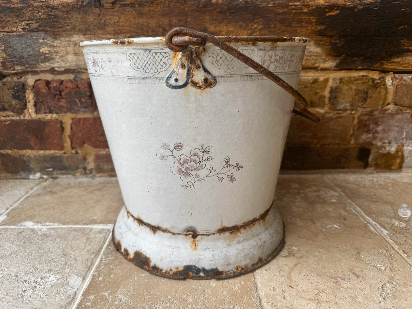 rare antique french large pink white enamel bucket floral decoration