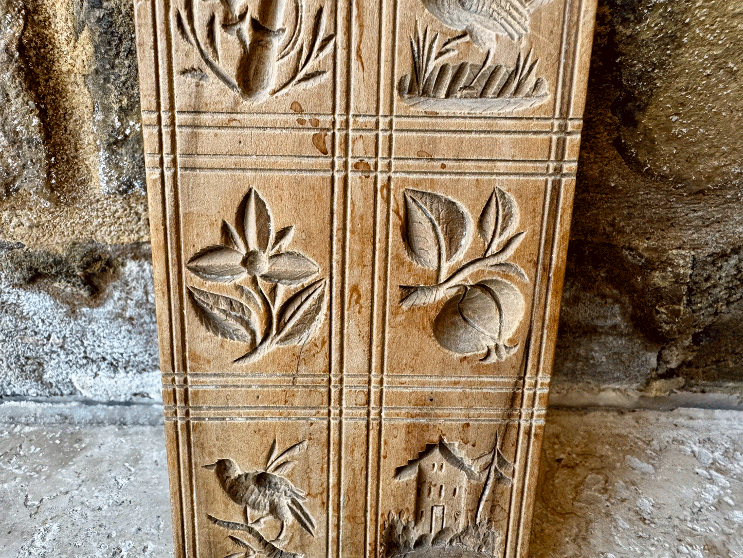 antique carved wooden treen biscuit butter stamp mould chicken bird flowers castle