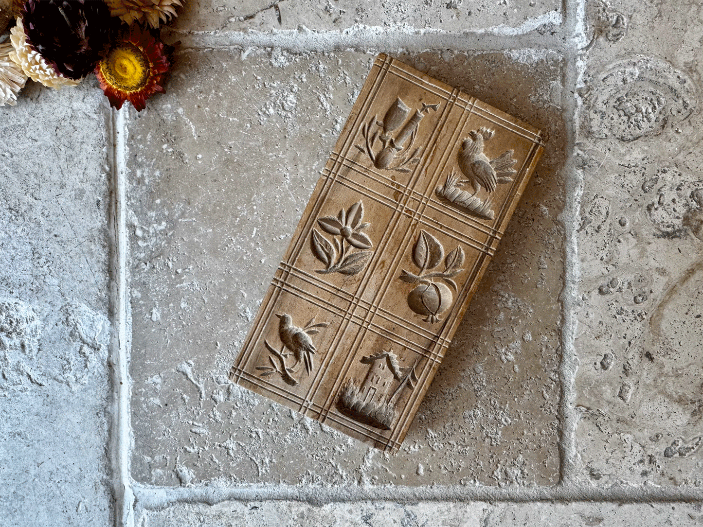 antique carved wooden treen biscuit butter stamp mould chicken bird flowers castle