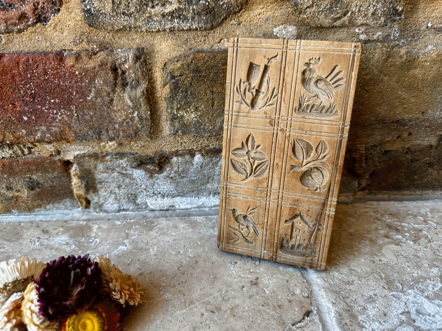 antique carved wooden treen biscuit butter stamp mould chicken bird flowers castle