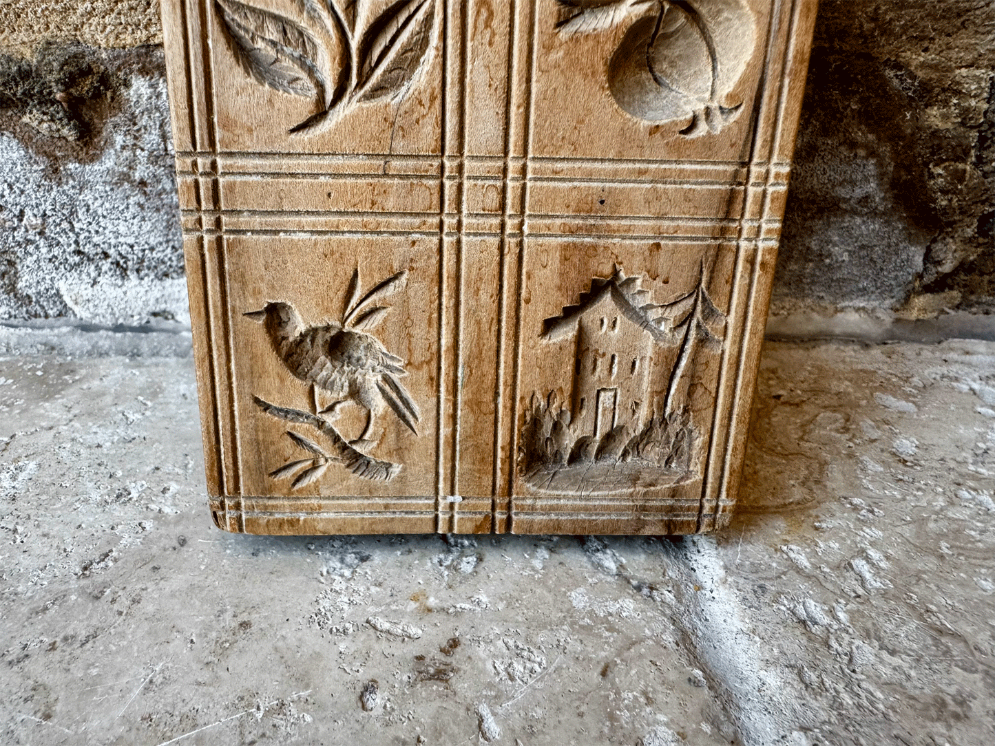 antique carved wooden treen biscuit butter stamp mould chicken bird flowers castle