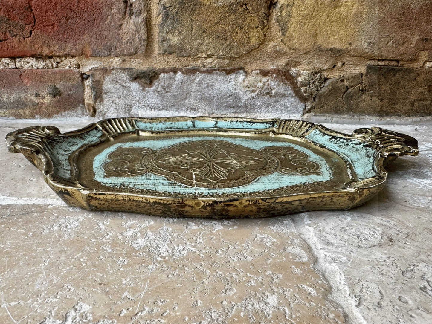 small antique vintage italian florentine tray gold turquoise blue green