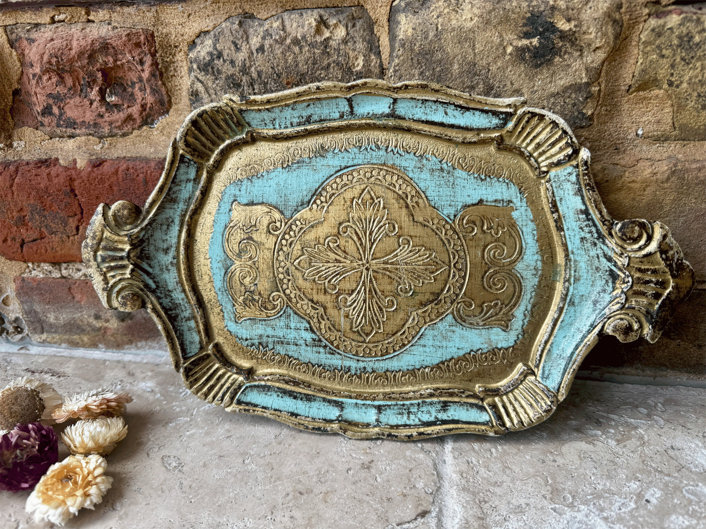 small antique vintage italian florentine tray gold turquoise blue green