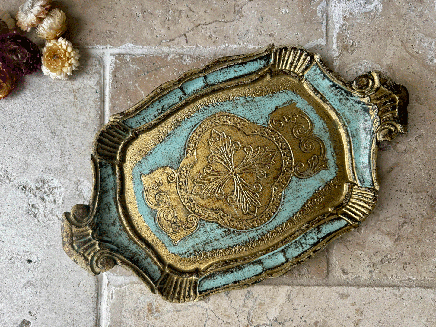 small antique vintage italian florentine tray gold turquoise blue green