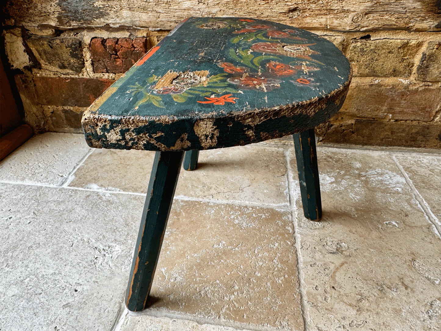 antique swedish 19th century folk art hand painted blue red floral stool