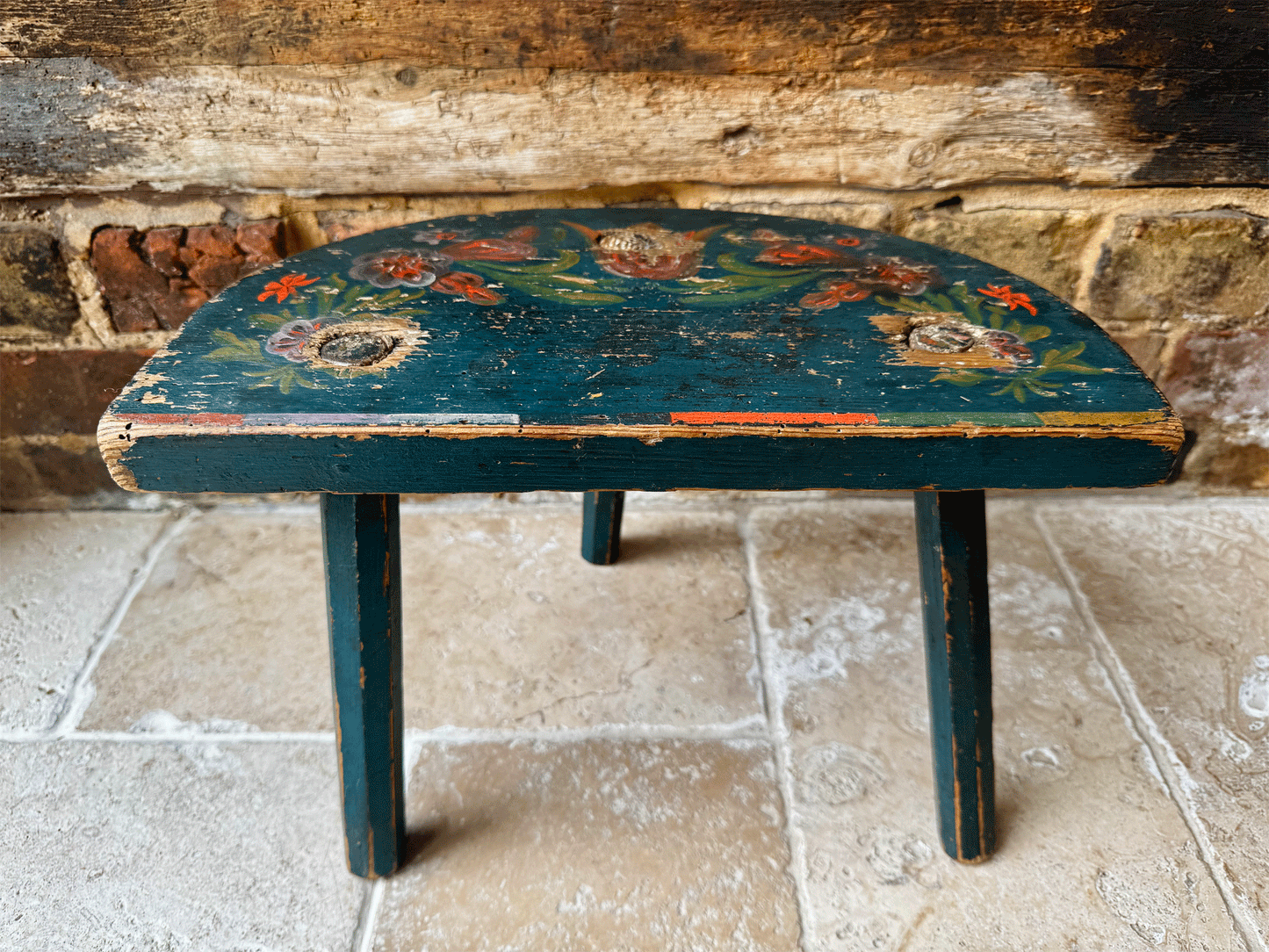 antique swedish 19th century folk art hand painted blue red floral stool
