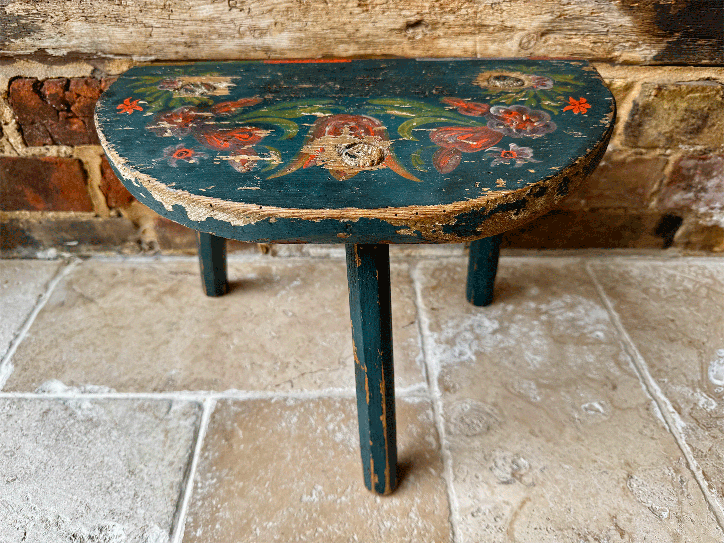 antique swedish 19th century folk art hand painted blue red floral stool