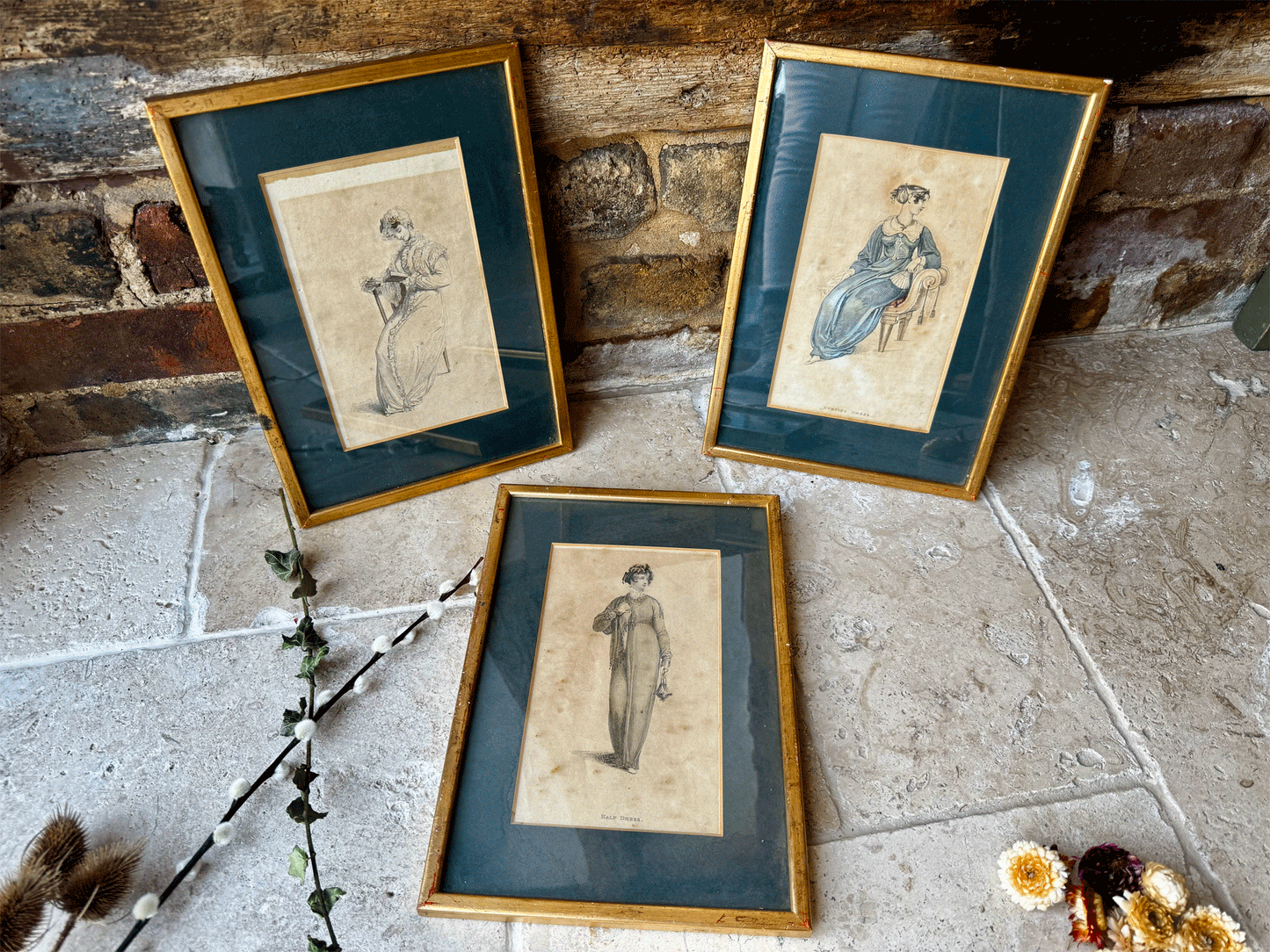 antique georgian 18th century fashion ladies clothing hand painted print gold frame