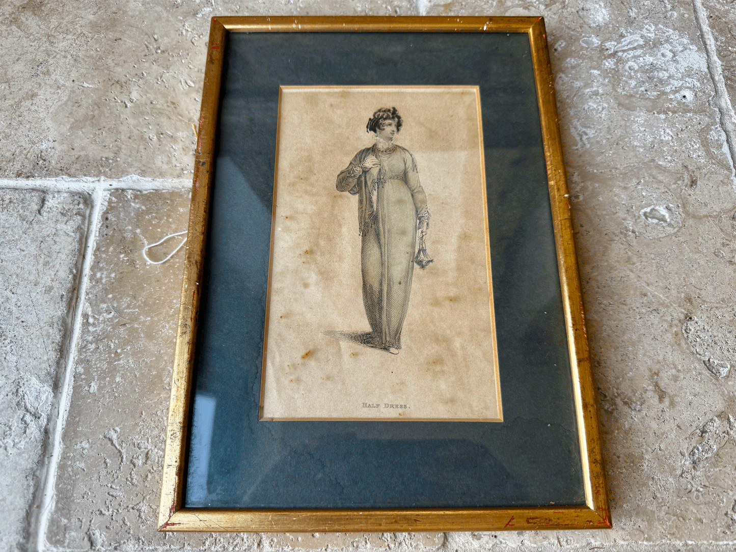 antique georgian 18th century fashion ladies clothing hand painted print gold frame