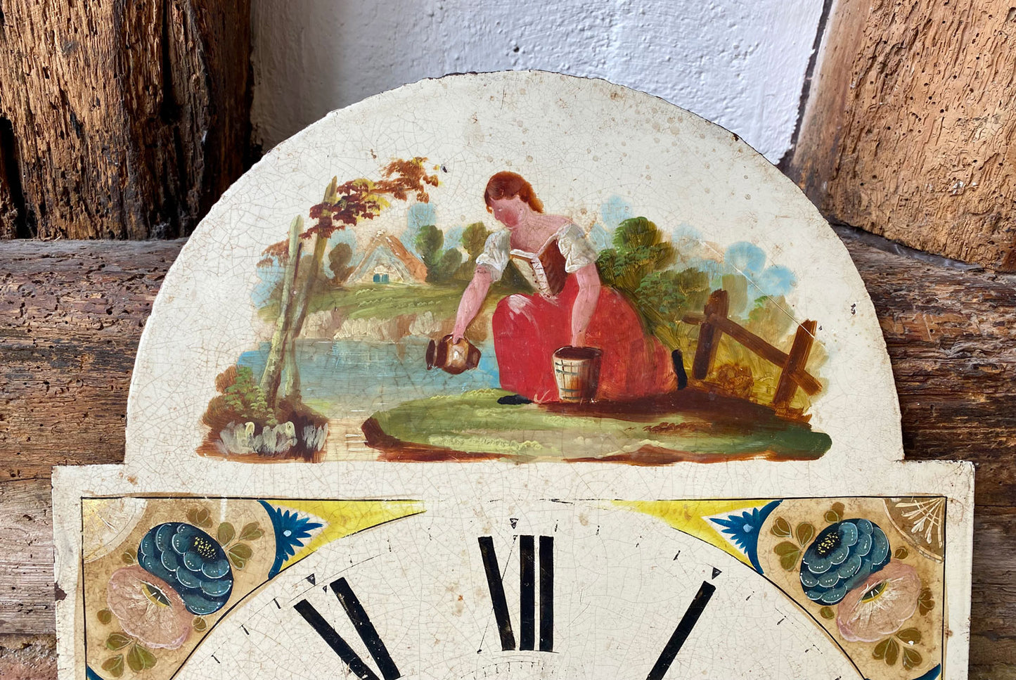 antique victorian salvaged grandfather clock face girl water pail