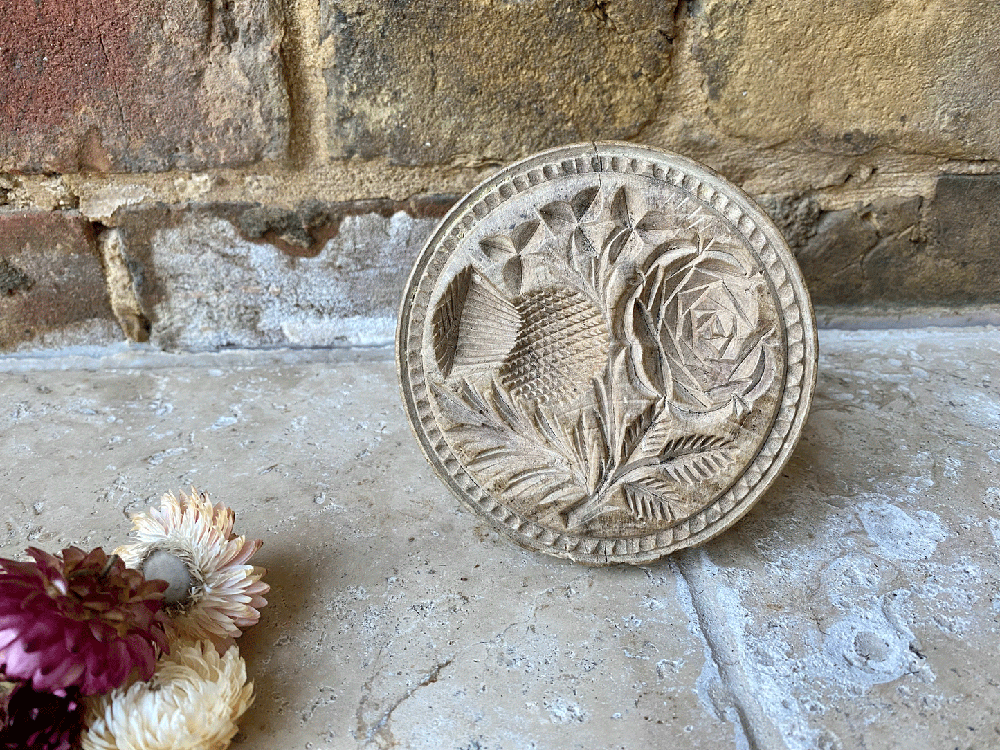 rare antique victorian deeply carved butter stamp marriage union england scotland ireland thistle clover rose