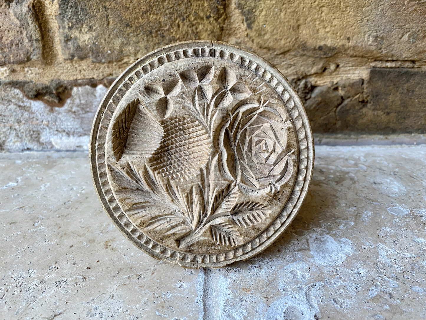 rare antique victorian deeply carved butter stamp marriage union england scotland ireland thistle clover rose