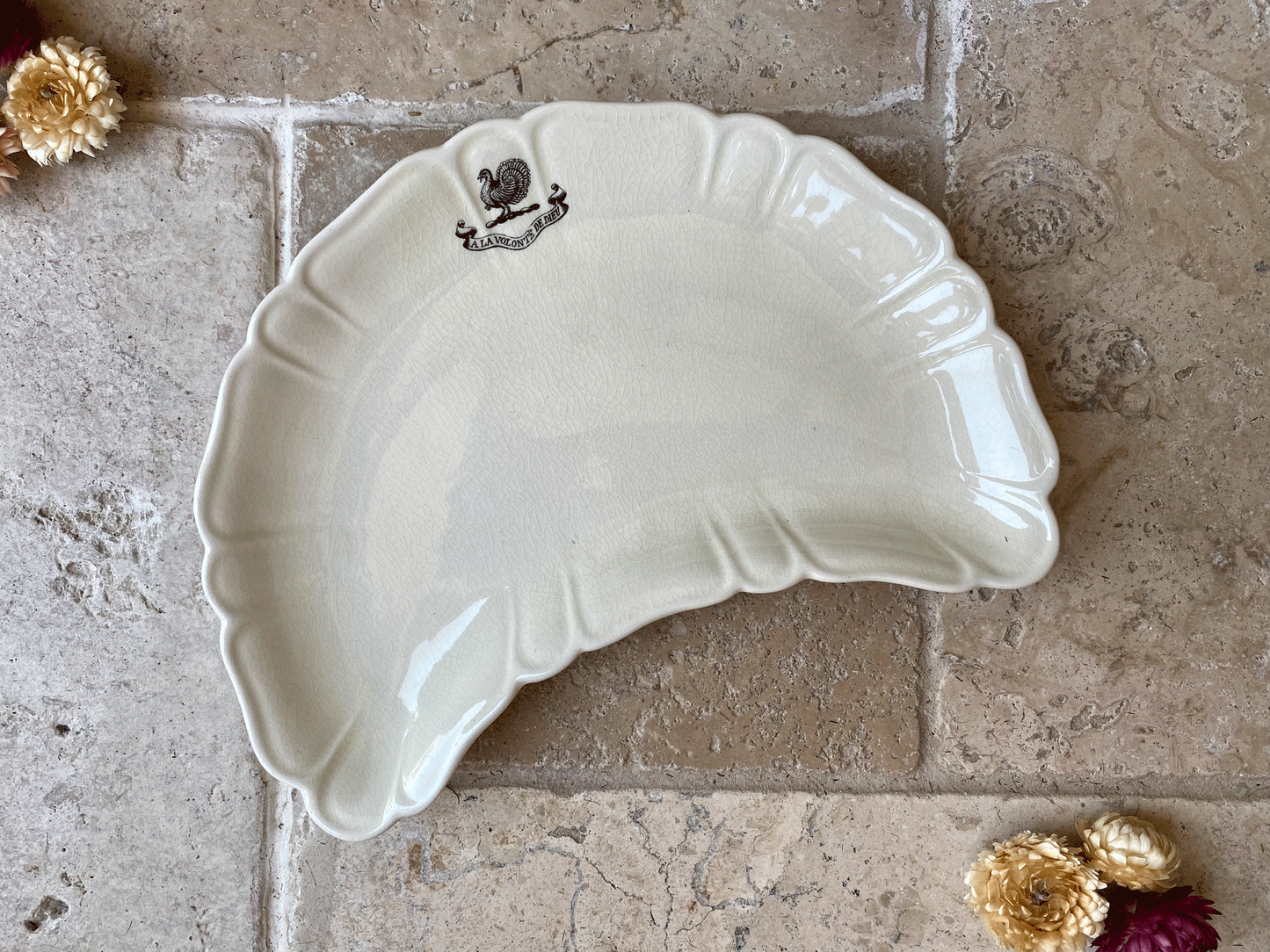 Antique Early 20th Century Large Half Moon Plate with Peacock