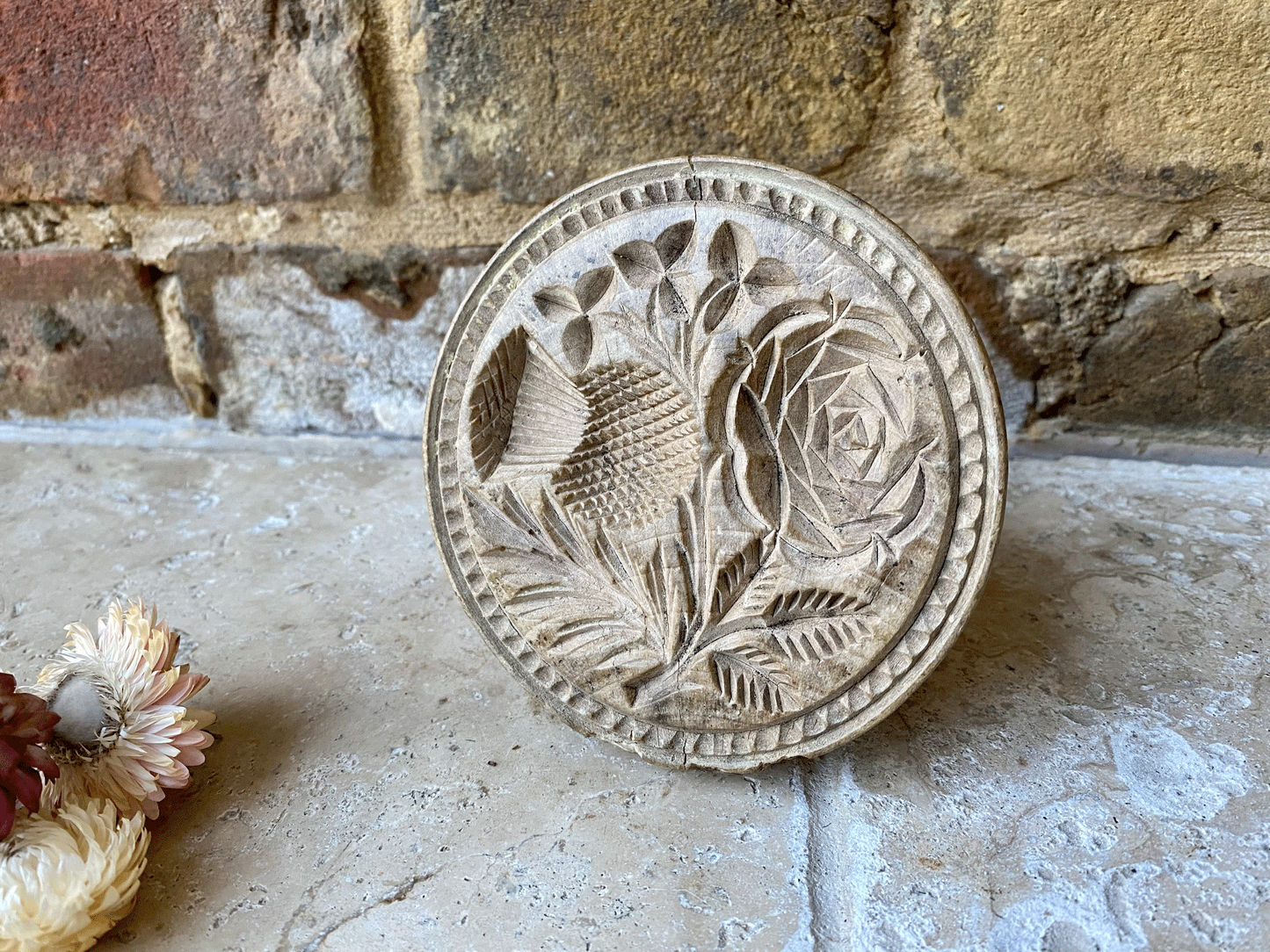 rare antique victorian deeply carved butter stamp marriage union england scotland ireland thistle clover rose
