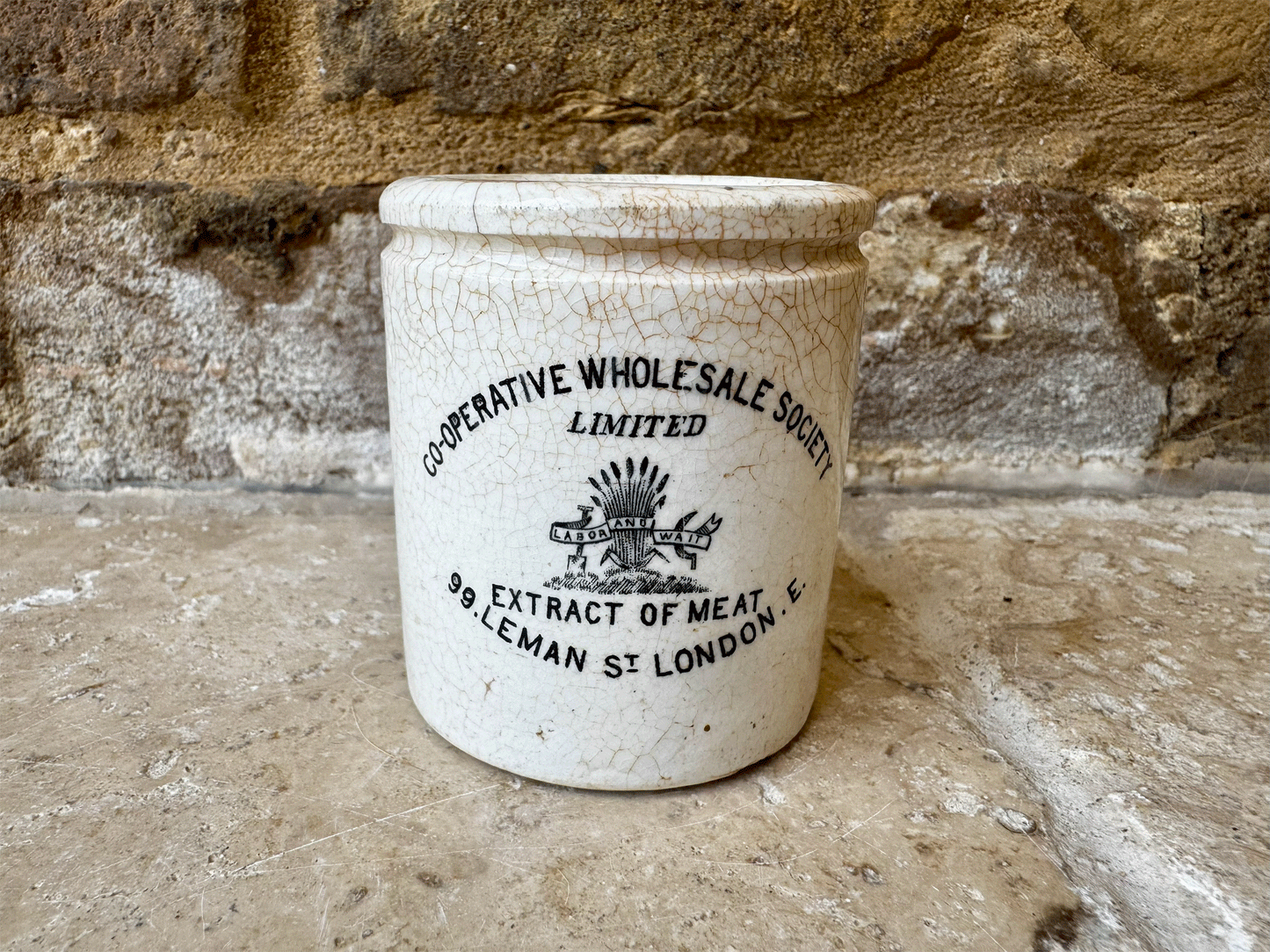 rare antique white ironstone victorian english advertising pot cooperative wholesale society extract meat labor wait pictoral trademark