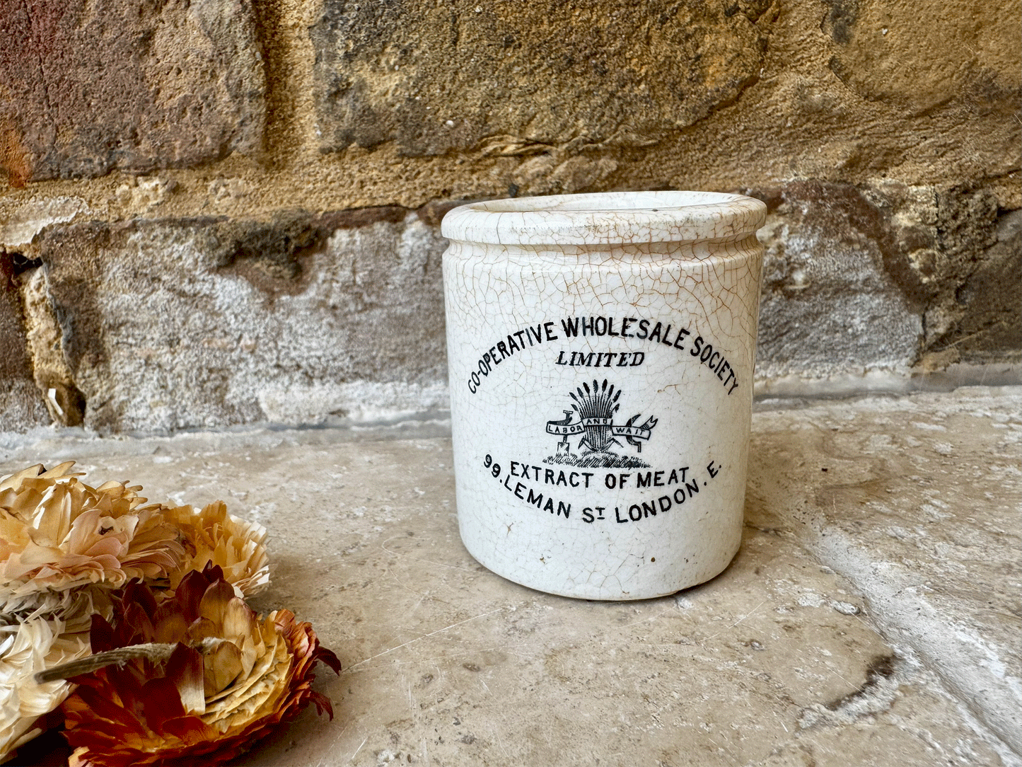 rare antique white ironstone victorian english advertising pot cooperative wholesale society extract meat labor wait pictoral trademark