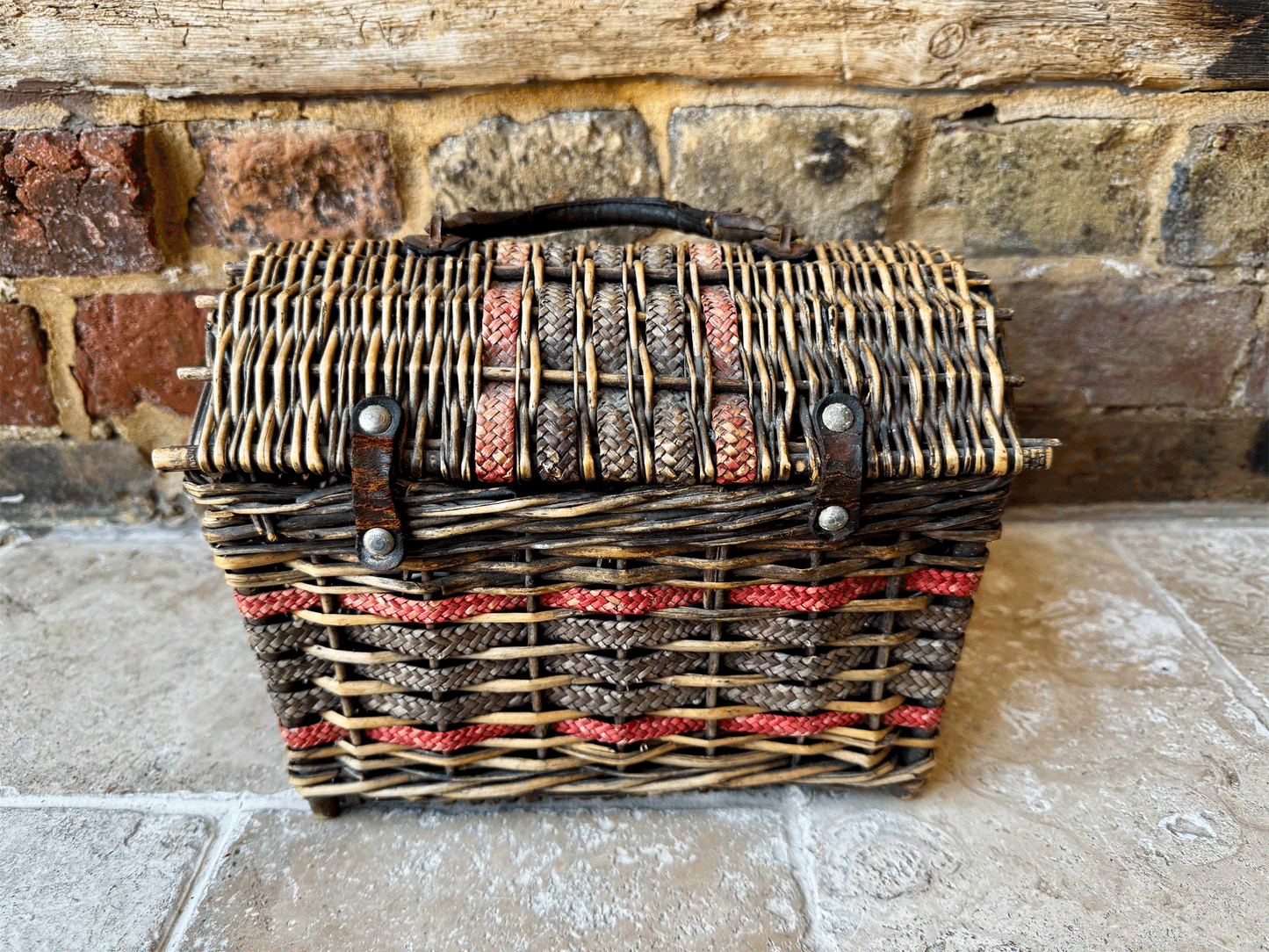 antique victorian small wicker picnic lunch basket leather handles