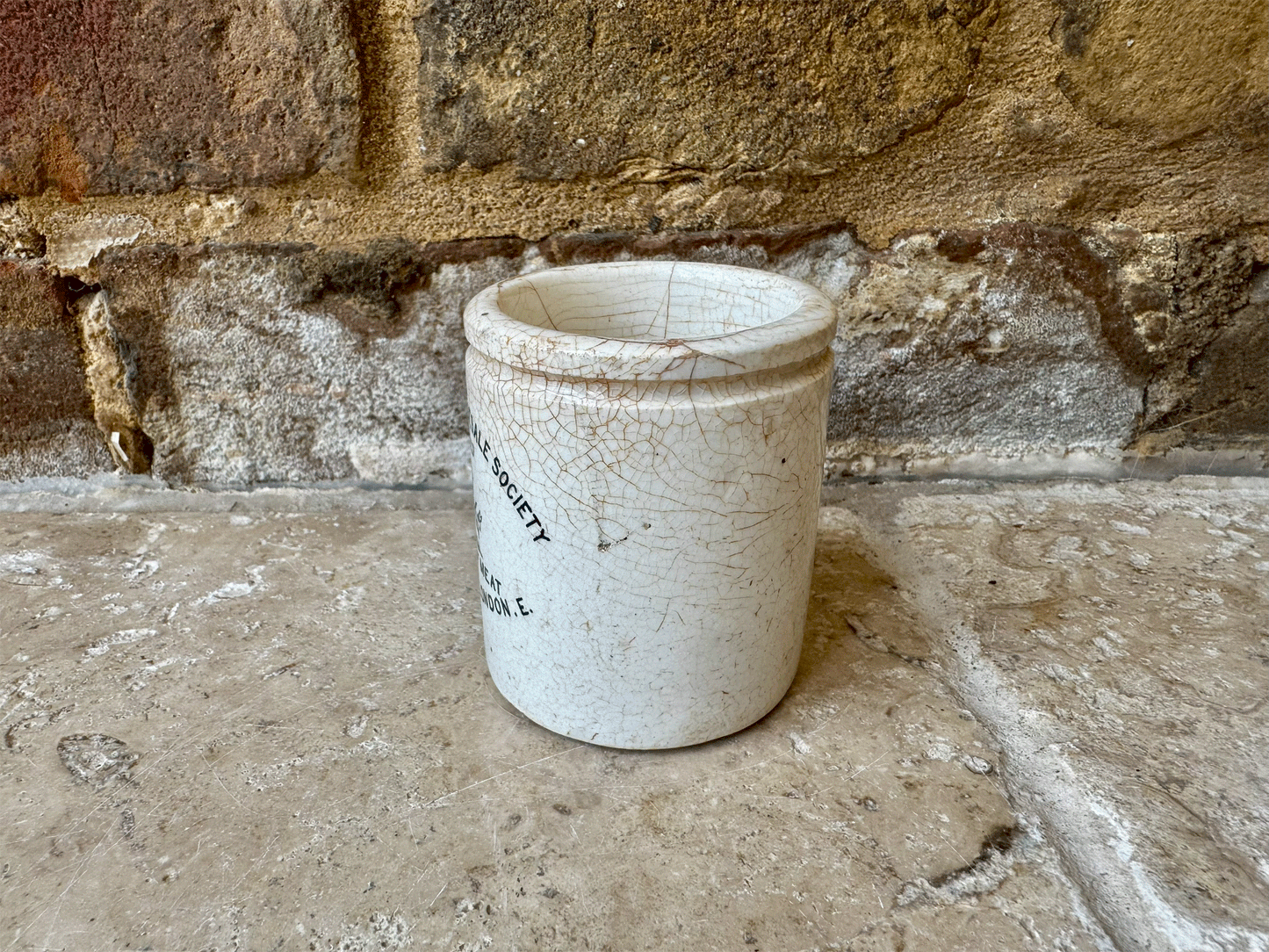rare antique white ironstone victorian english advertising pot cooperative wholesale society extract meat labor wait pictoral trademark