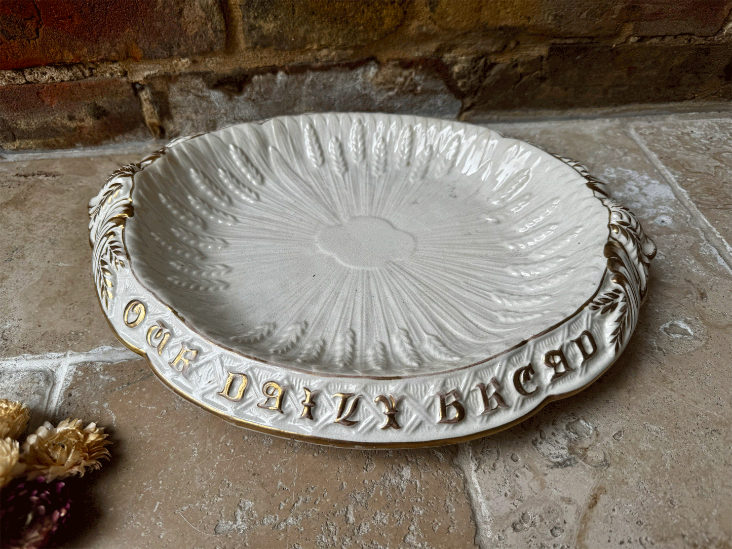 rare antique victorian ironstone bread plate platter motto give us this day our daily bread